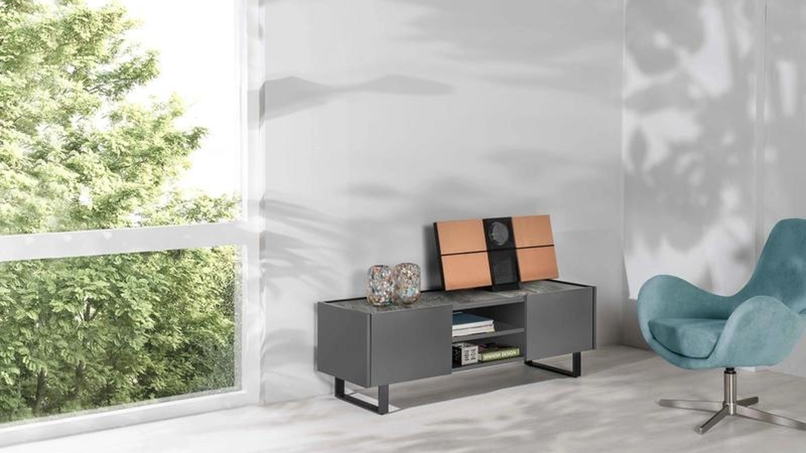 Mobile Porta Tv Pegaso in MDF laccato grigio con top in ceramica marmo grigio di Stones