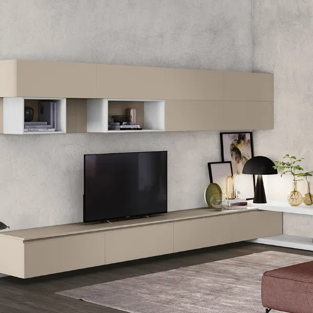 Parete Attrezzata Living 73D include una scrivania, una libreria e un mobile per il televisore di Ferrimobili