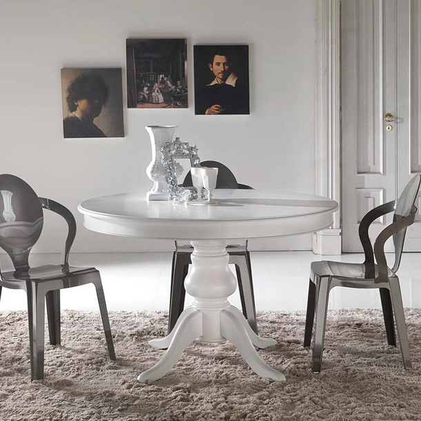 Tavolo rotondo allungabile Re-Style impiallacciato tanganika in tinta con base in Faggio massello laccato bianco uniforme di La Seggiola